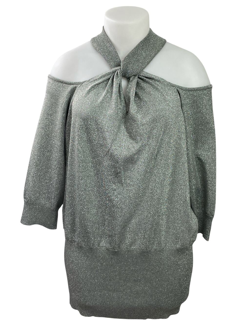 Ashley Stewart Silver Metallic Glitter Cold Shoulder Halter Tunic Dress 22/24